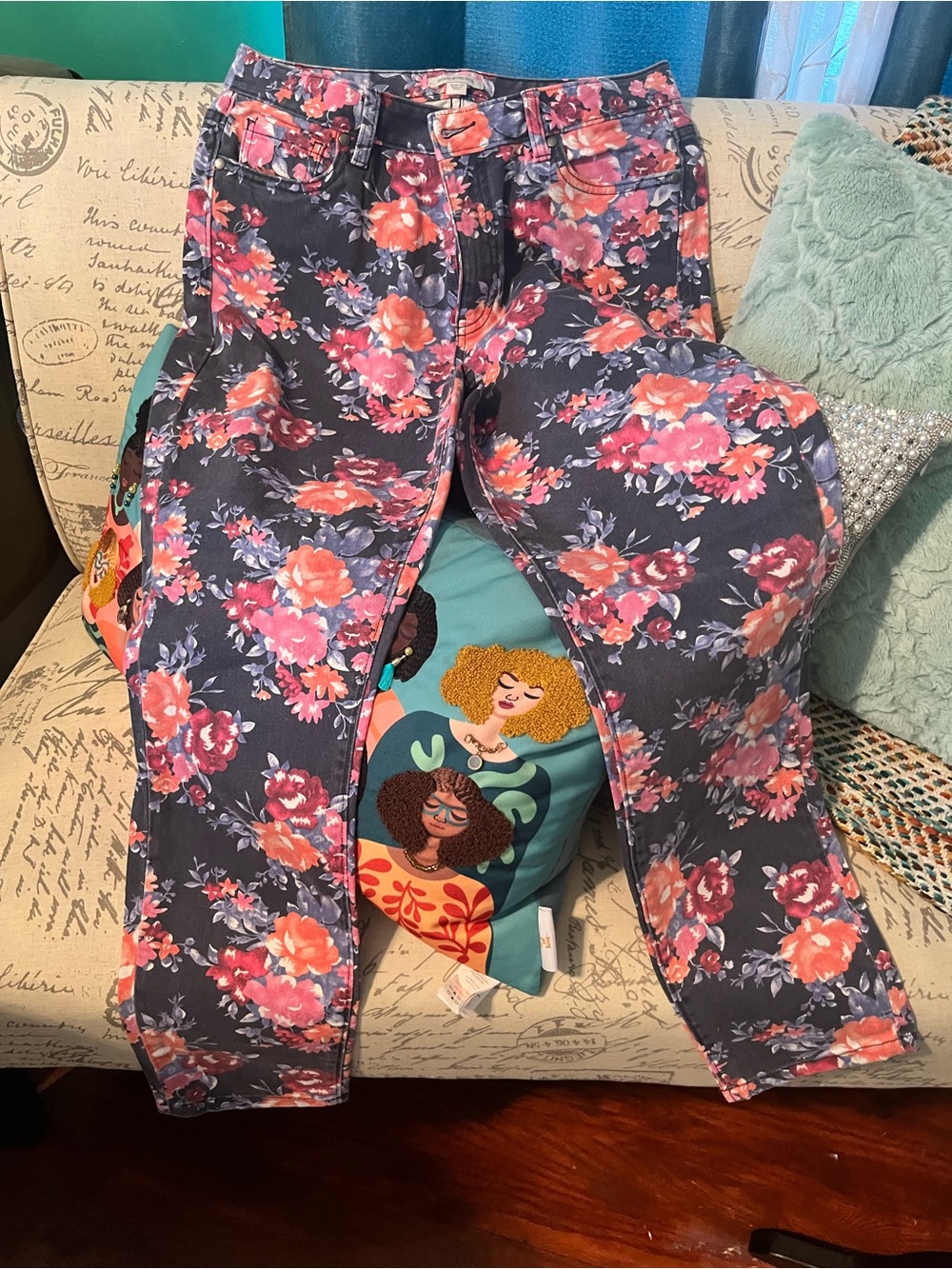 Floral Print Skinny Jeans - Navy with Pink & Coral Blooms